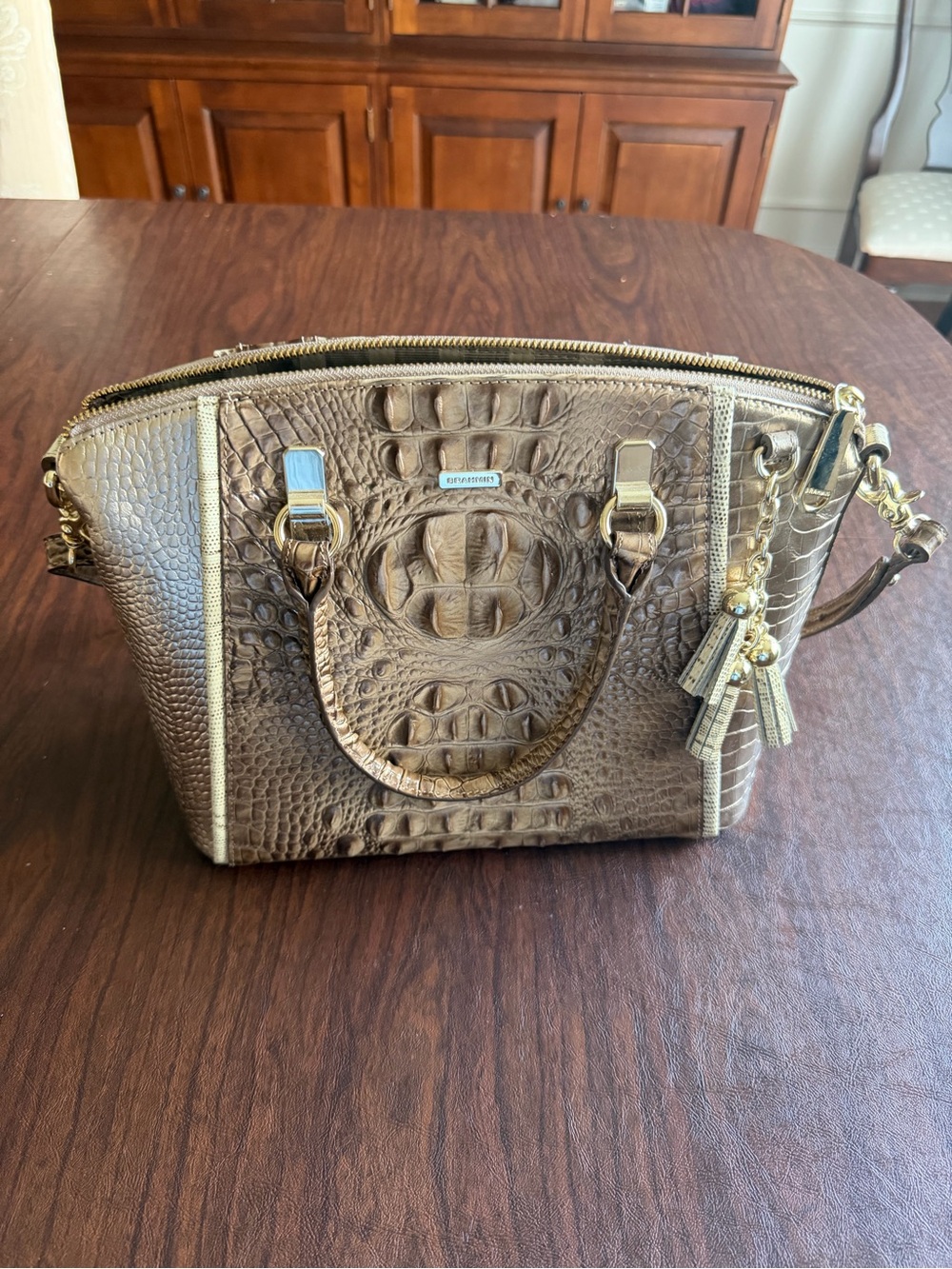 Brahmin Metallic Taupe Croc-Embossed Satchel with Gold Hardware